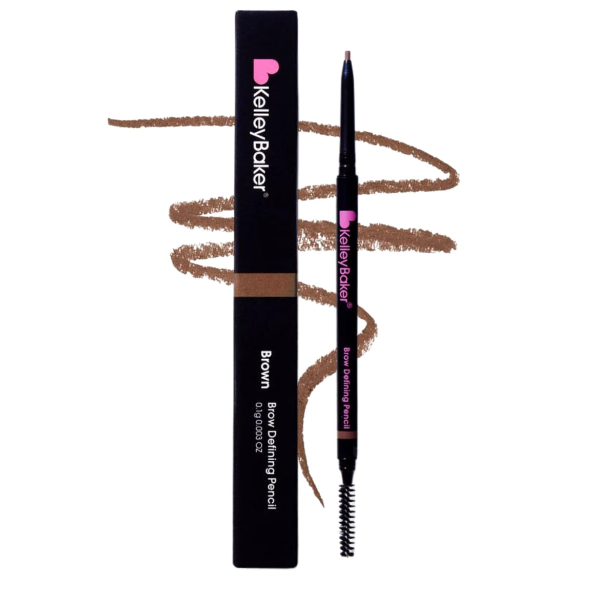 Kelley Baker brow pencil front packaging showing compact design and shade benefits