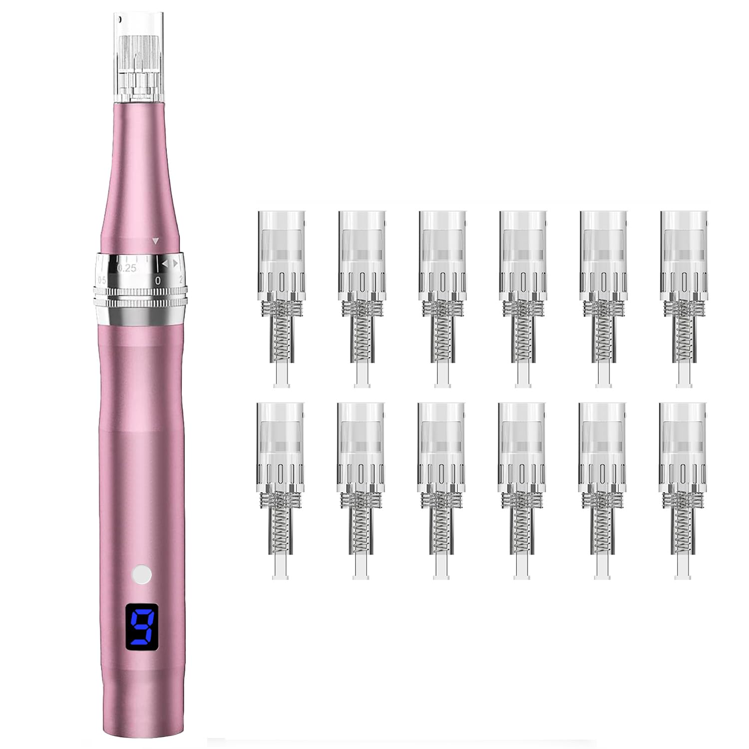 Kelmixa front view showing compact derma roller pen and benefits