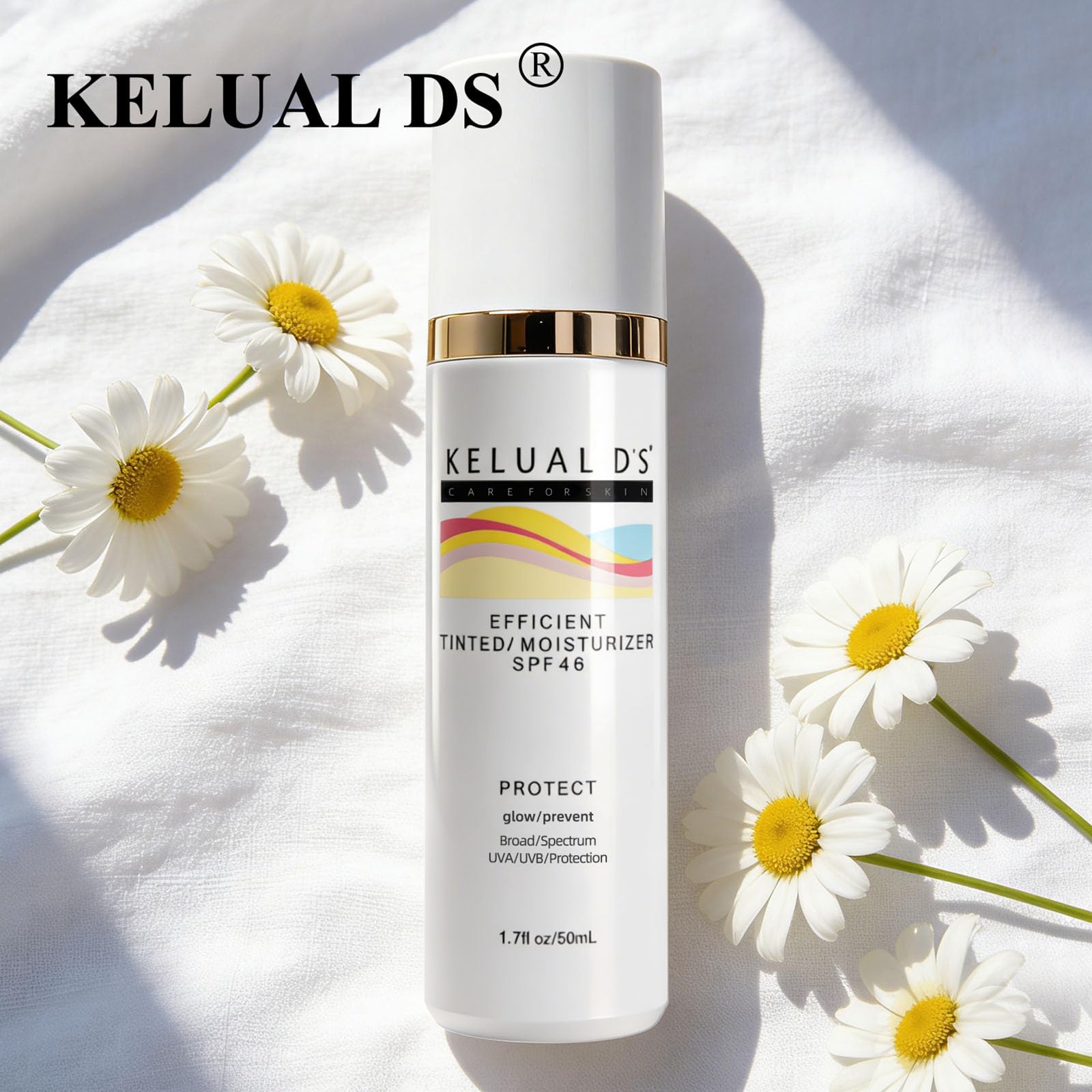 KELUAL DS label close-up displaying SPF 46 and ingredient callouts for clarity benefit