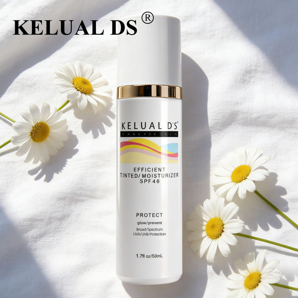 KELUAL DS label close-up displaying SPF 46 and ingredient callouts for clarity benefit