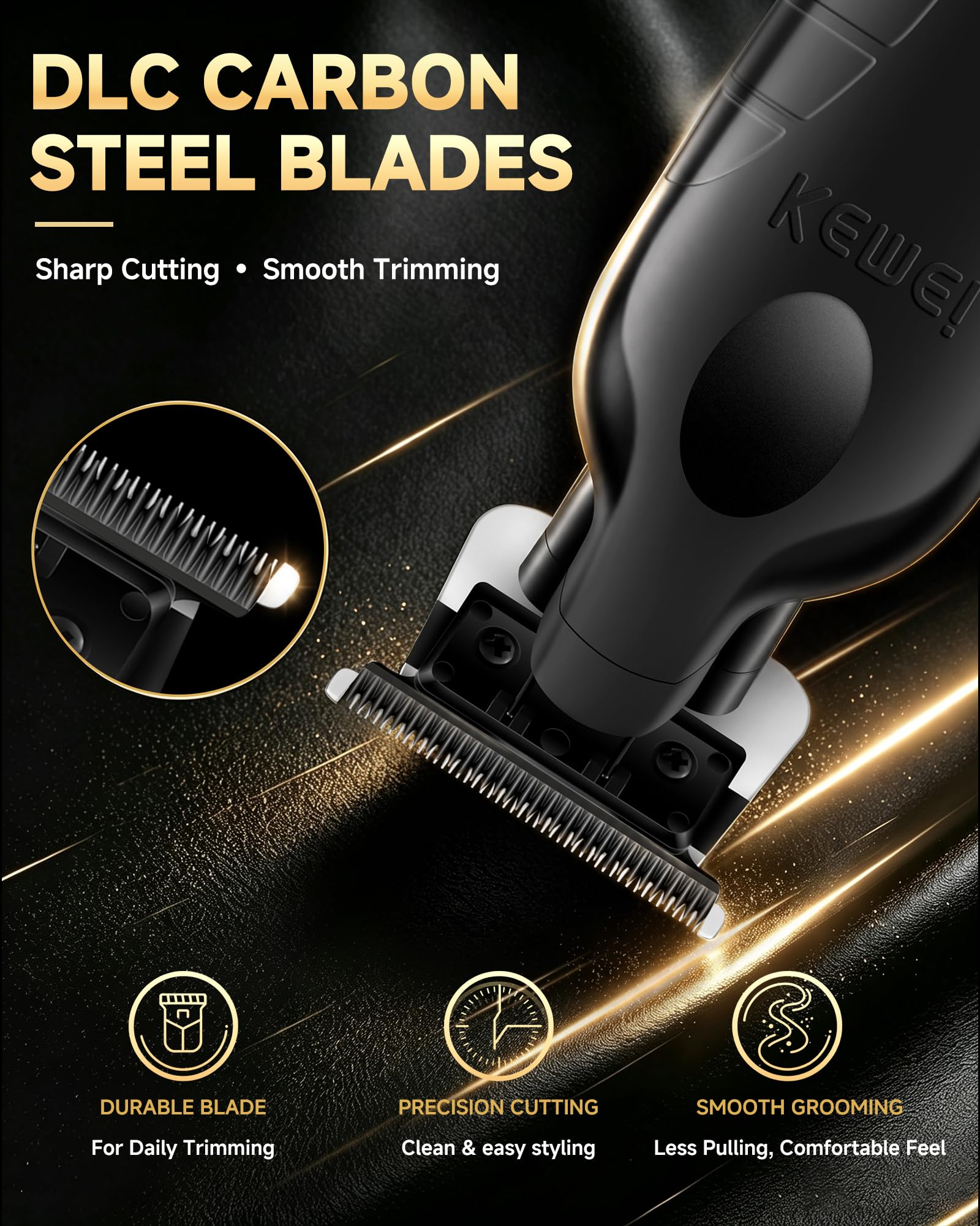 KEMEI guide combs, oil, brush and USB cable showing complete grooming kit
