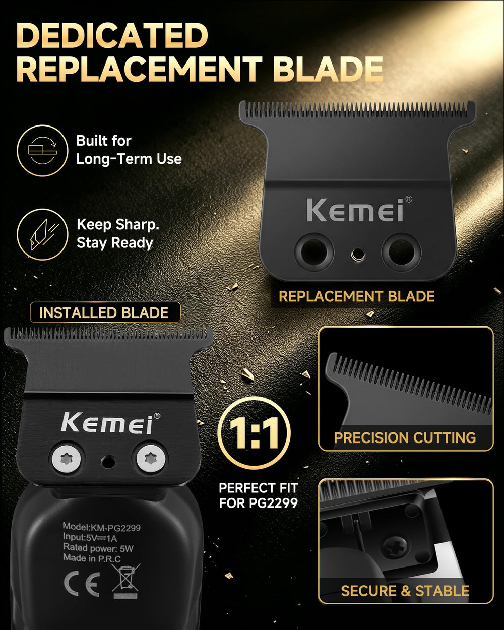 KEMEI spare T-blade closeup highlighting durable high-carbon steel replacement