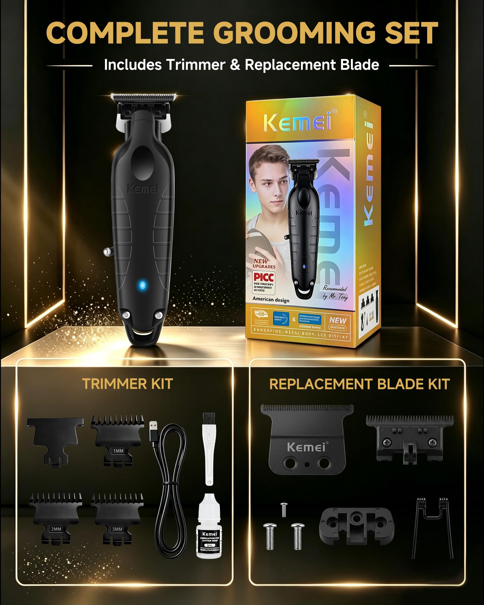 KEMEI USB cable plugged into trimmer showing travel-friendly rechargeable power