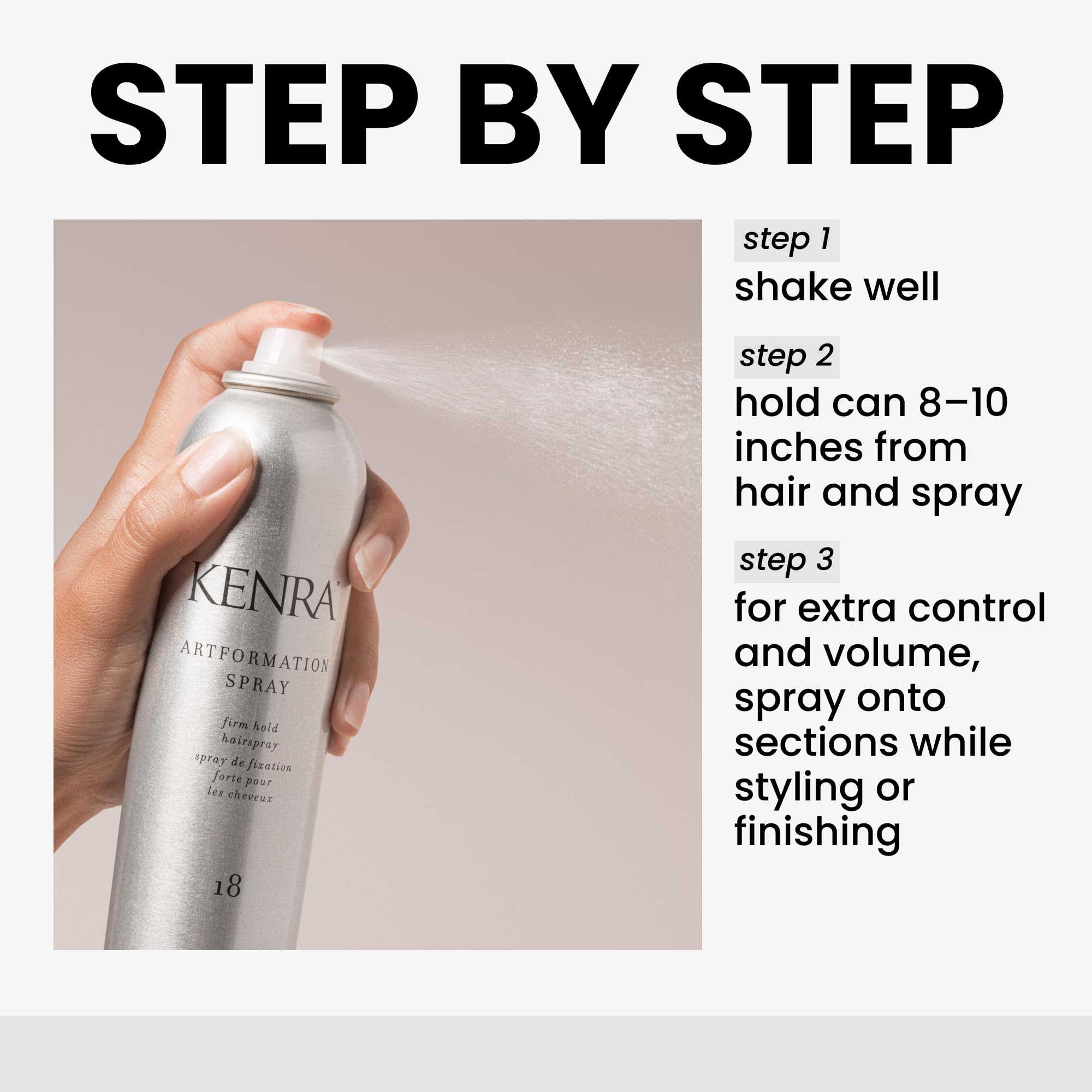 Kenra Artformation spray being sprayed to demonstrate fast-drying mist and immediate hold