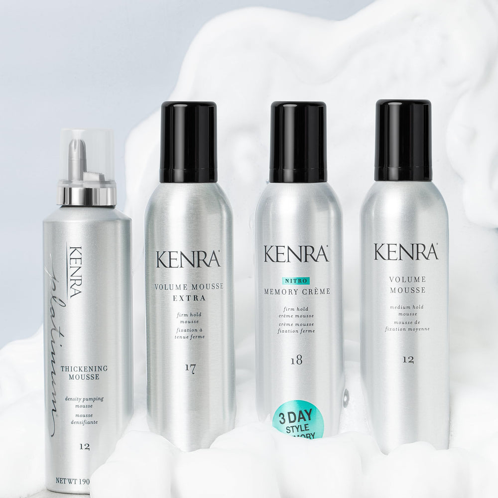 Kenra Platinum mousse in hand being applied for easy distribution and volume