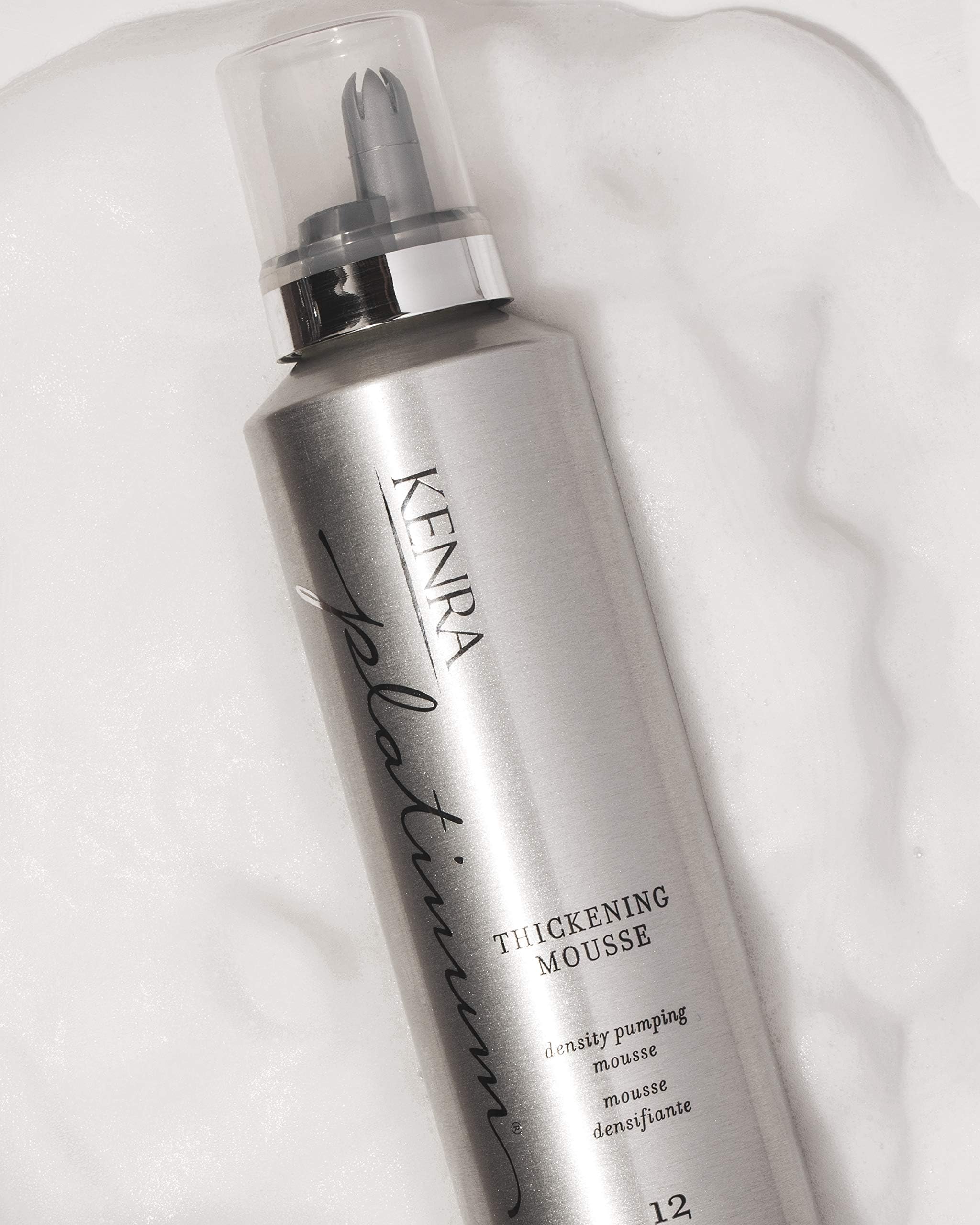 Kenra Platinum mousse next to a ruler for clear 6.7 oz size reference