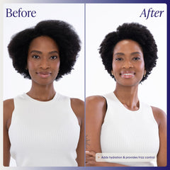 Kenra before-and-after hair swipe showing reduced frizz and more shine