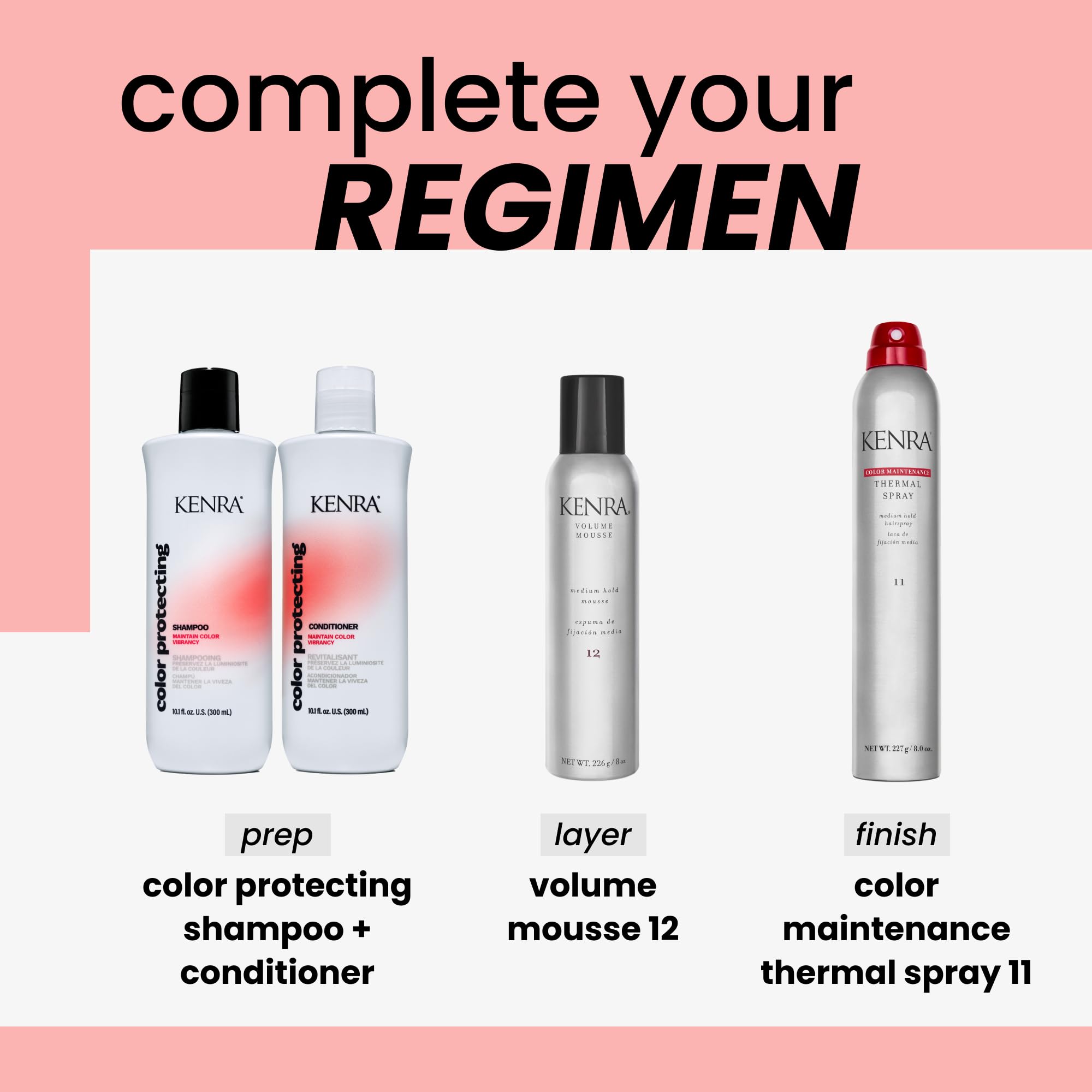 Kenra shampoo next to matching conditioner, conveying system use for vibrancy retention