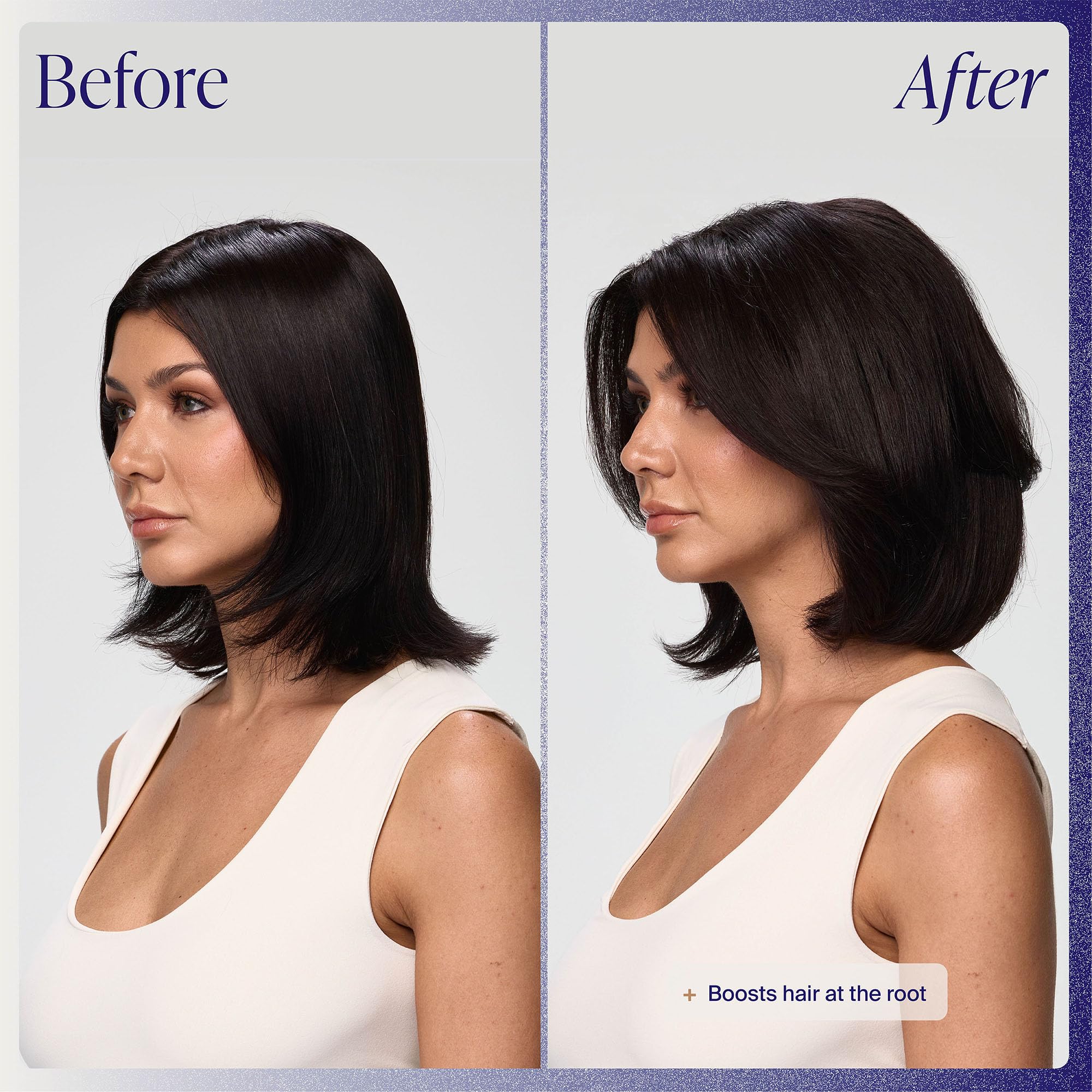 Before and after hair comparison using Kenra root lifting spray showing visible volume benefit