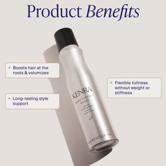 Kenra root lifting spray being misted from hand demonstrating precise root targeting benefit