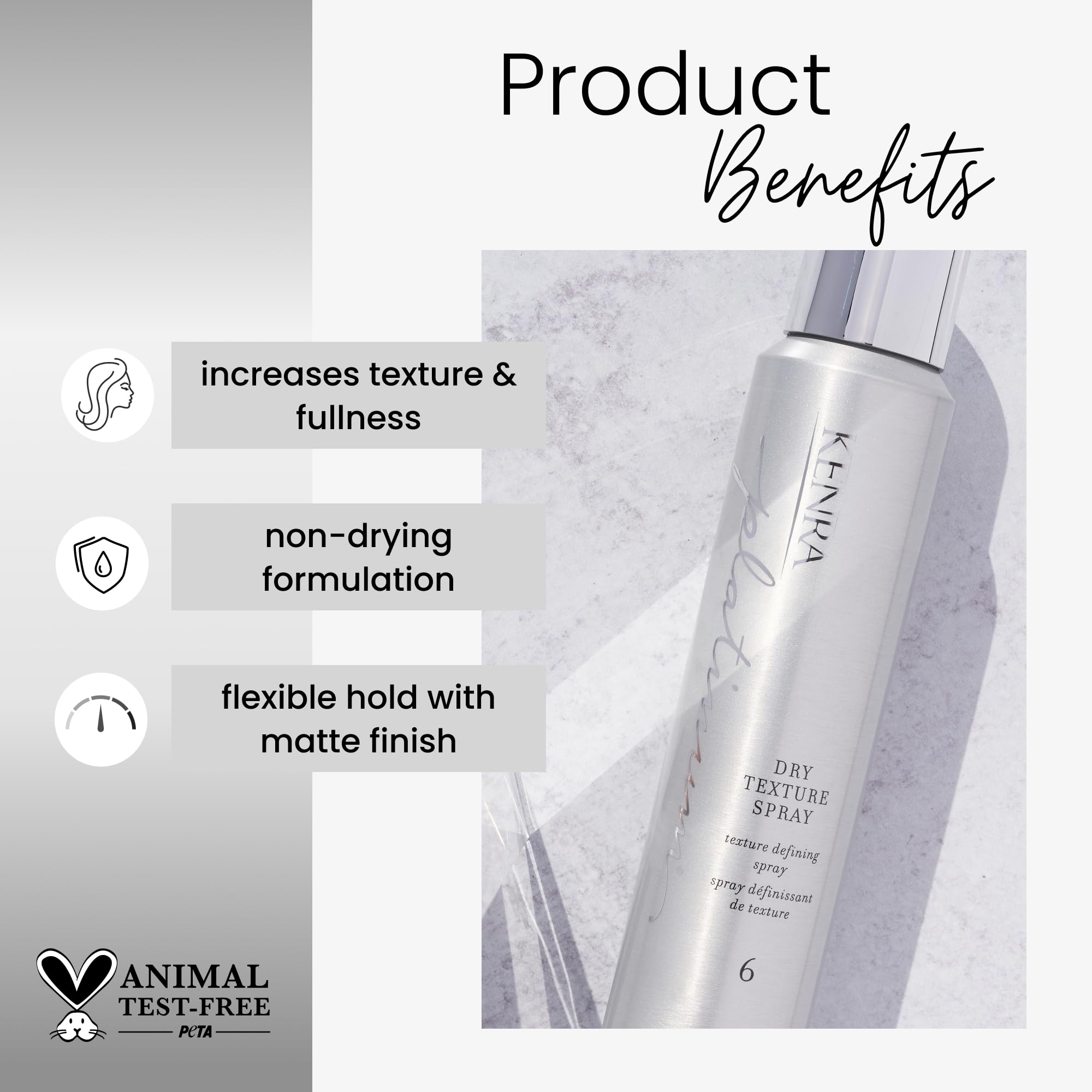 Kenra close-up nozzle releasing fine mist for even application and lightweight texture