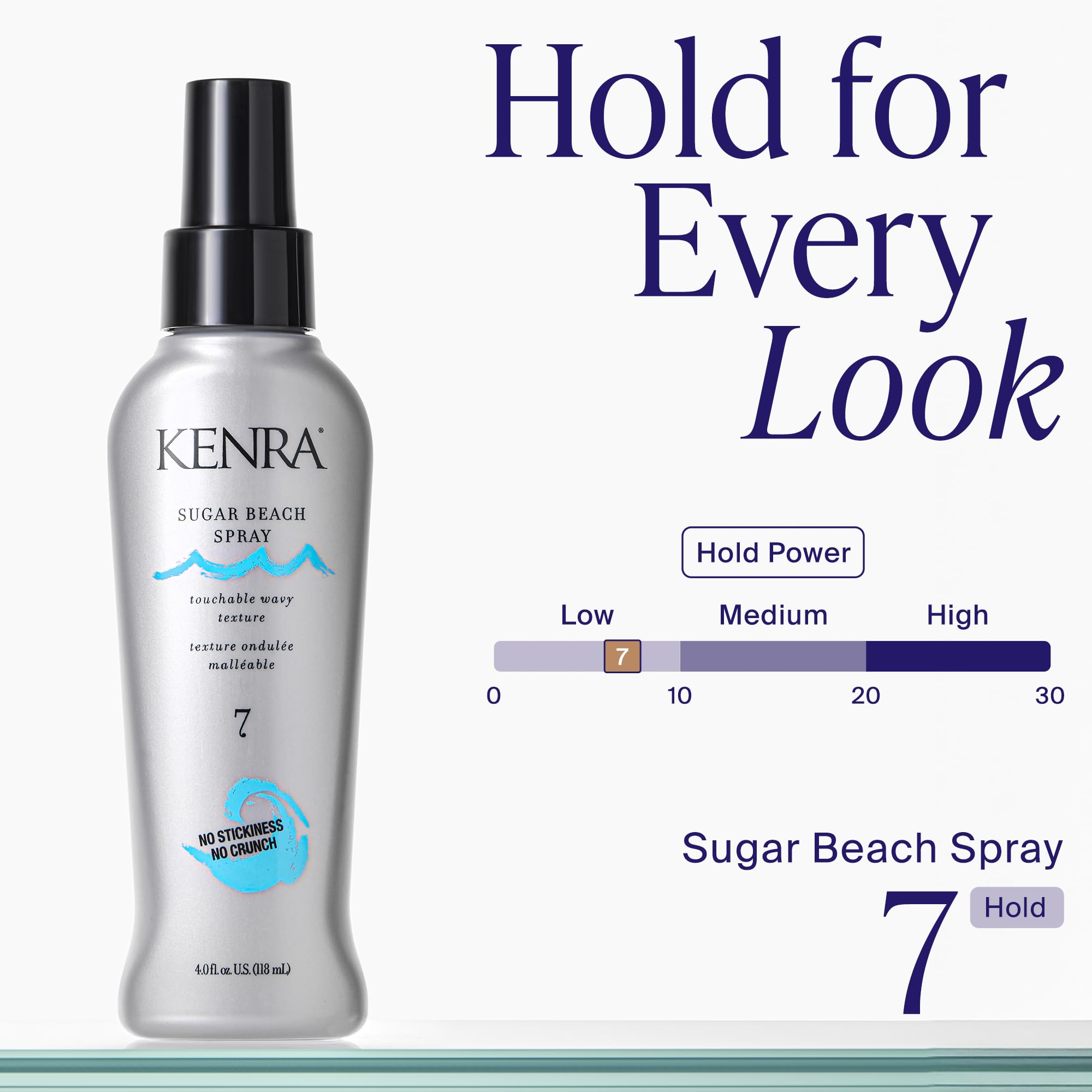 Kenra Sugar Beach Spray next to ruler indicating 4 fl oz size for travel