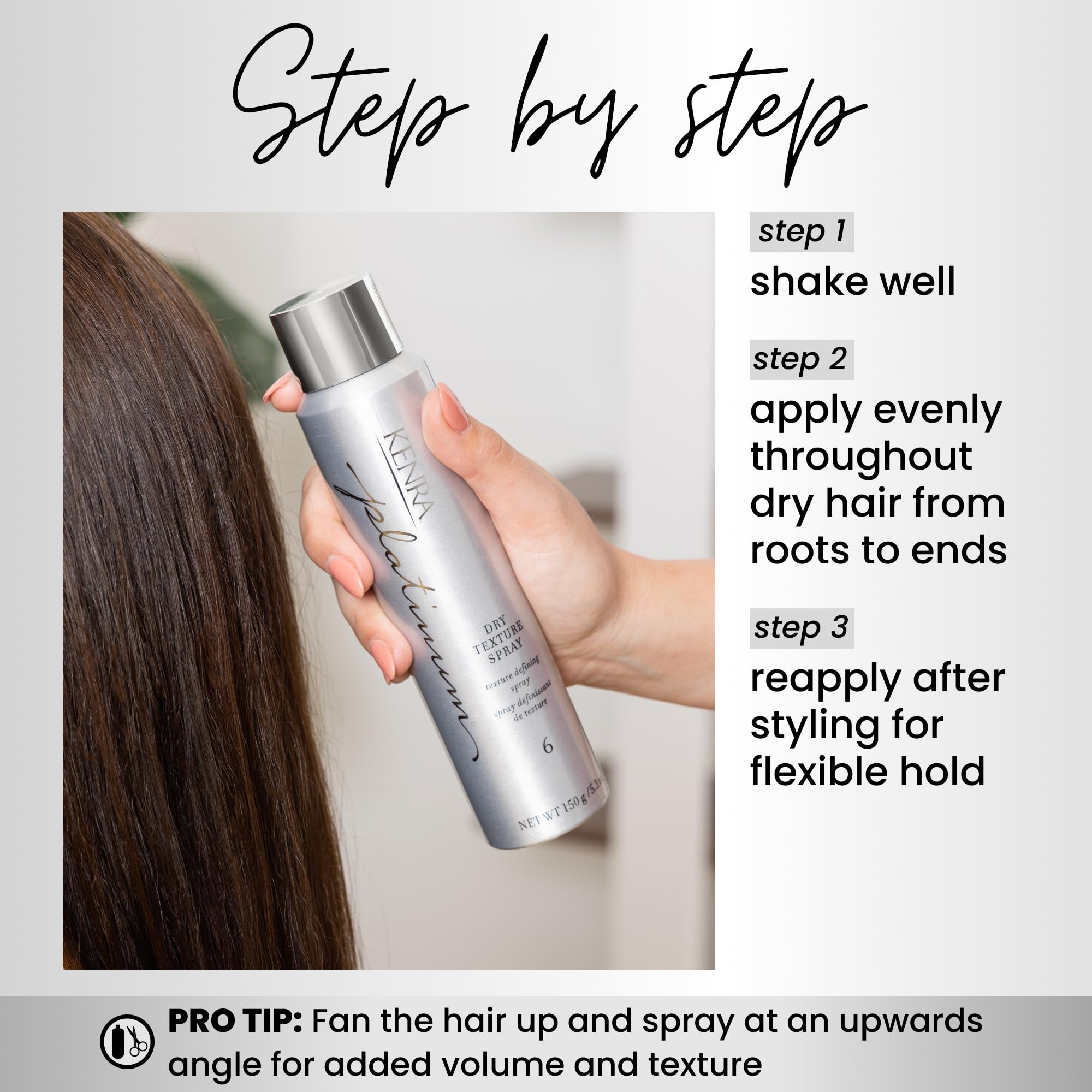 Kenra spray applied to wavy hair demonstrating added texture and fuller-looking strands