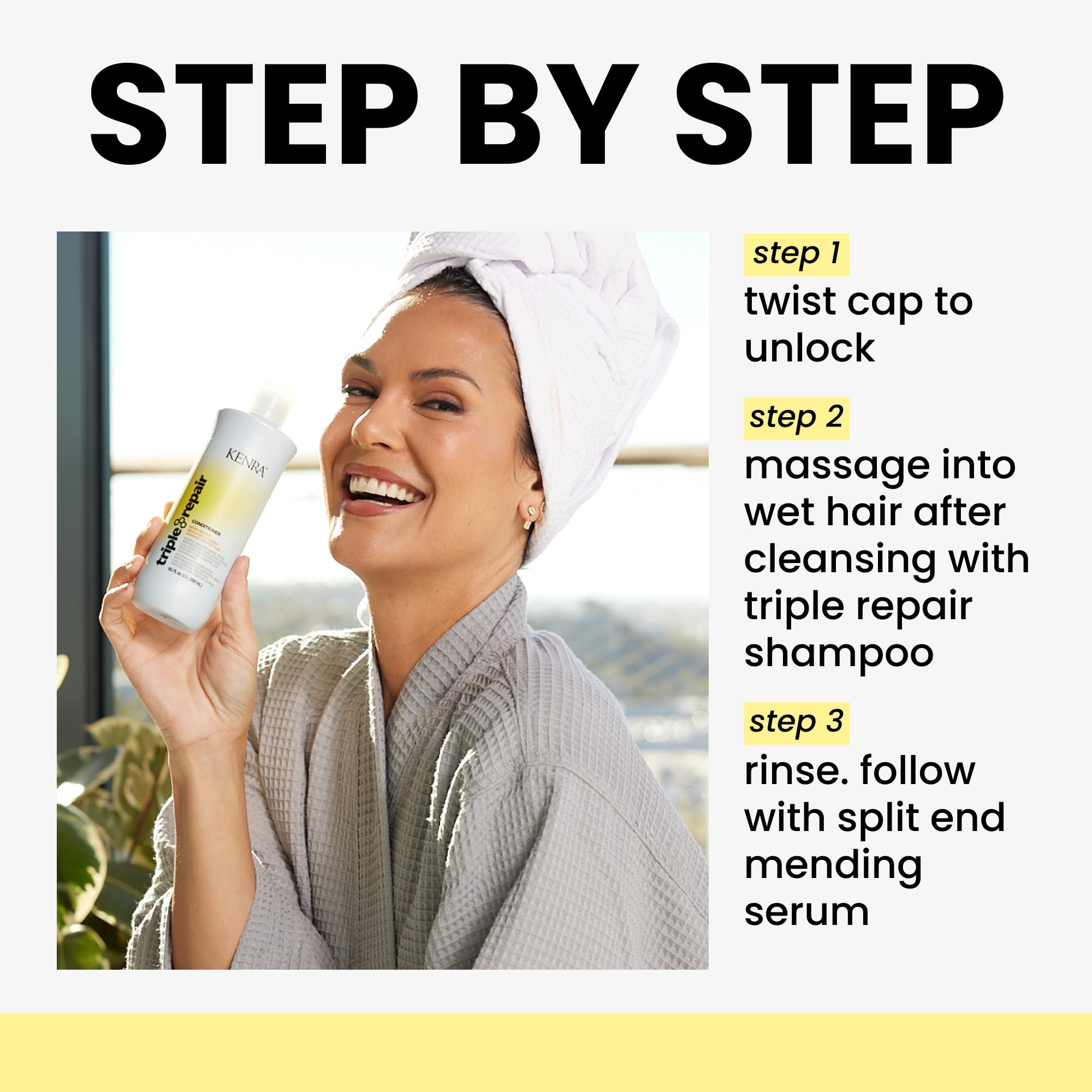 Kenra Triple Repair being applied in shower demonstrating easy comb-through benefit