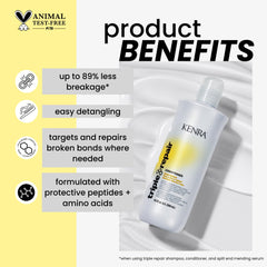 Kenra Triple Repair pump and label detail highlighting ingredients and benefits
