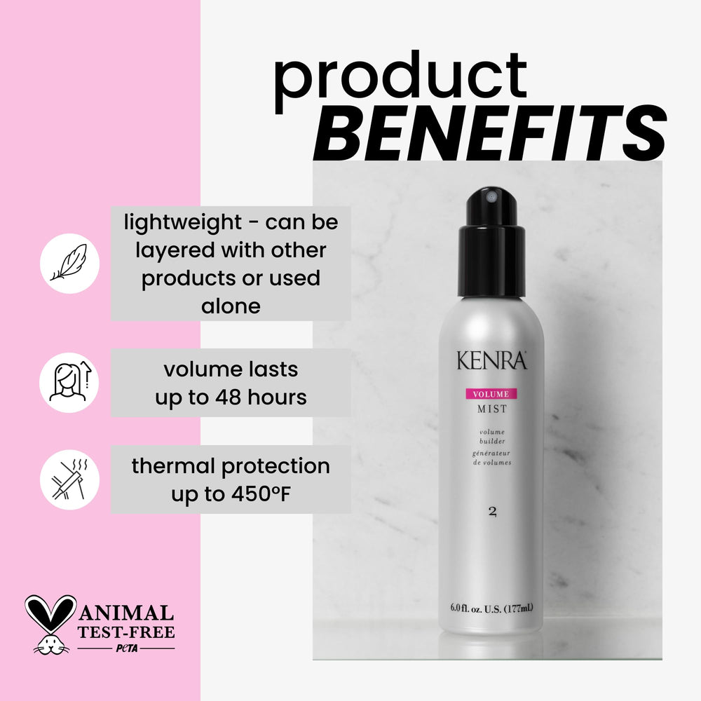 Kenra Volume Mist 2 fine mist spray dispersing evenly to add lightweight lift