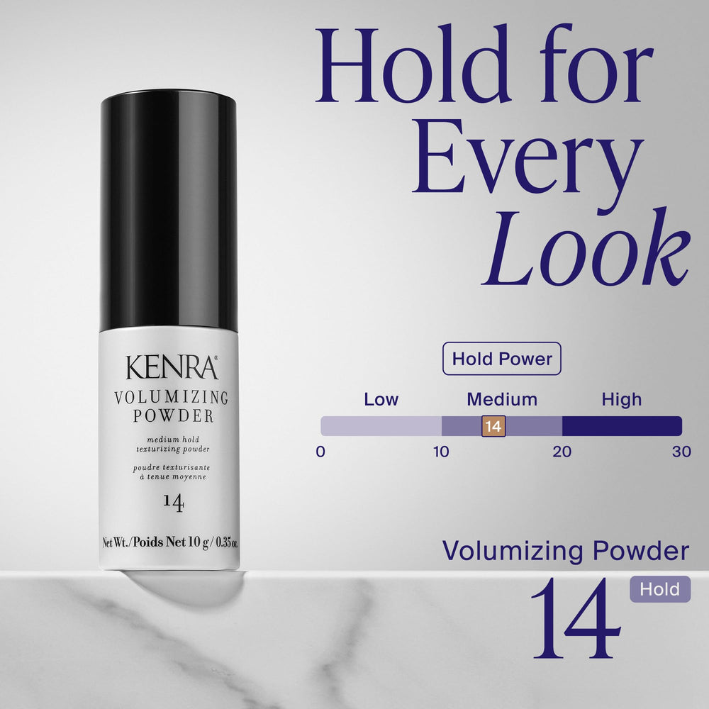 Kenra powder held in hand showing compact travel-friendly size
