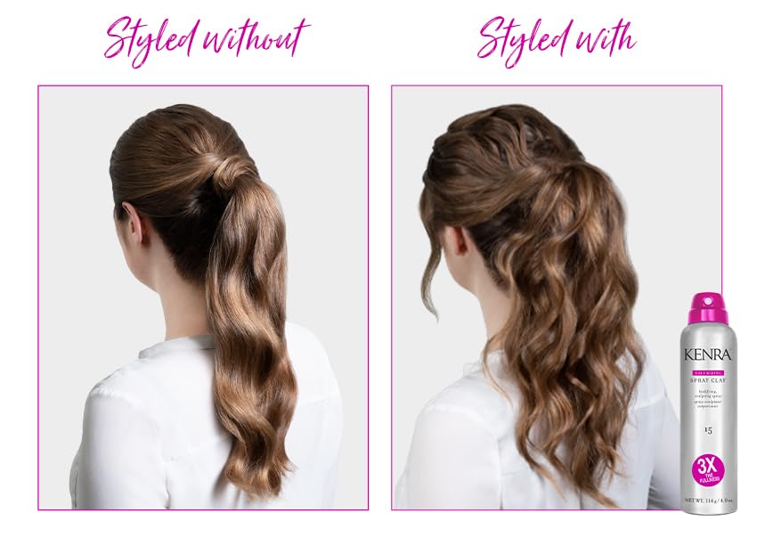 Kenra spraying product into hair mid-lengths demonstrating easy application and even coverage