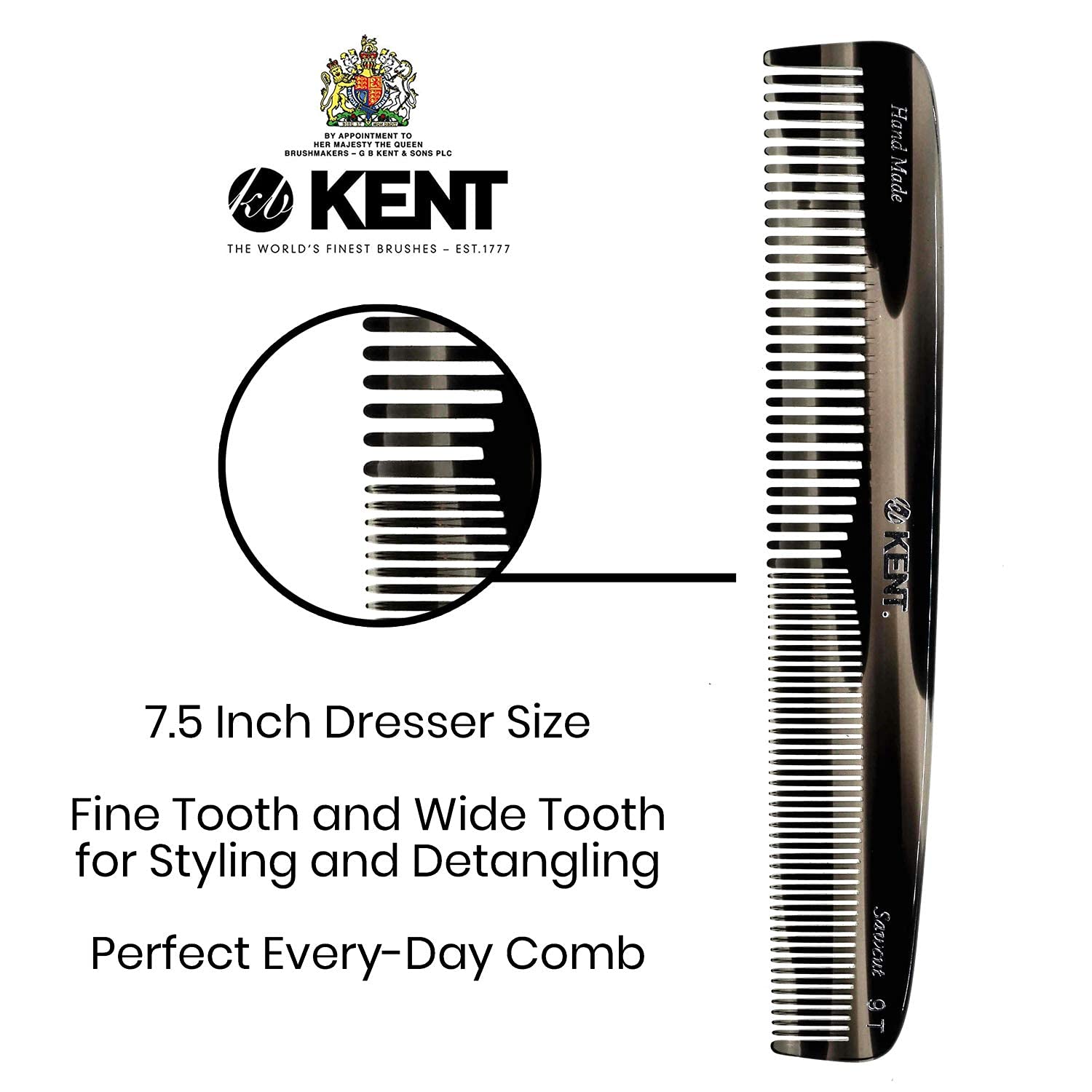 KENT comb held in hand demonstrating 7.5 inch scale and control