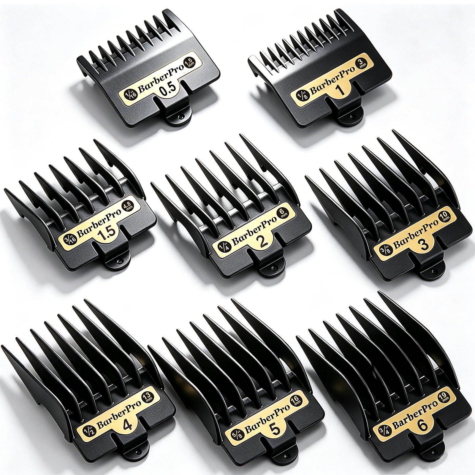 Kepouse gold clipper guards front pack showing all eight sizes and durable finish