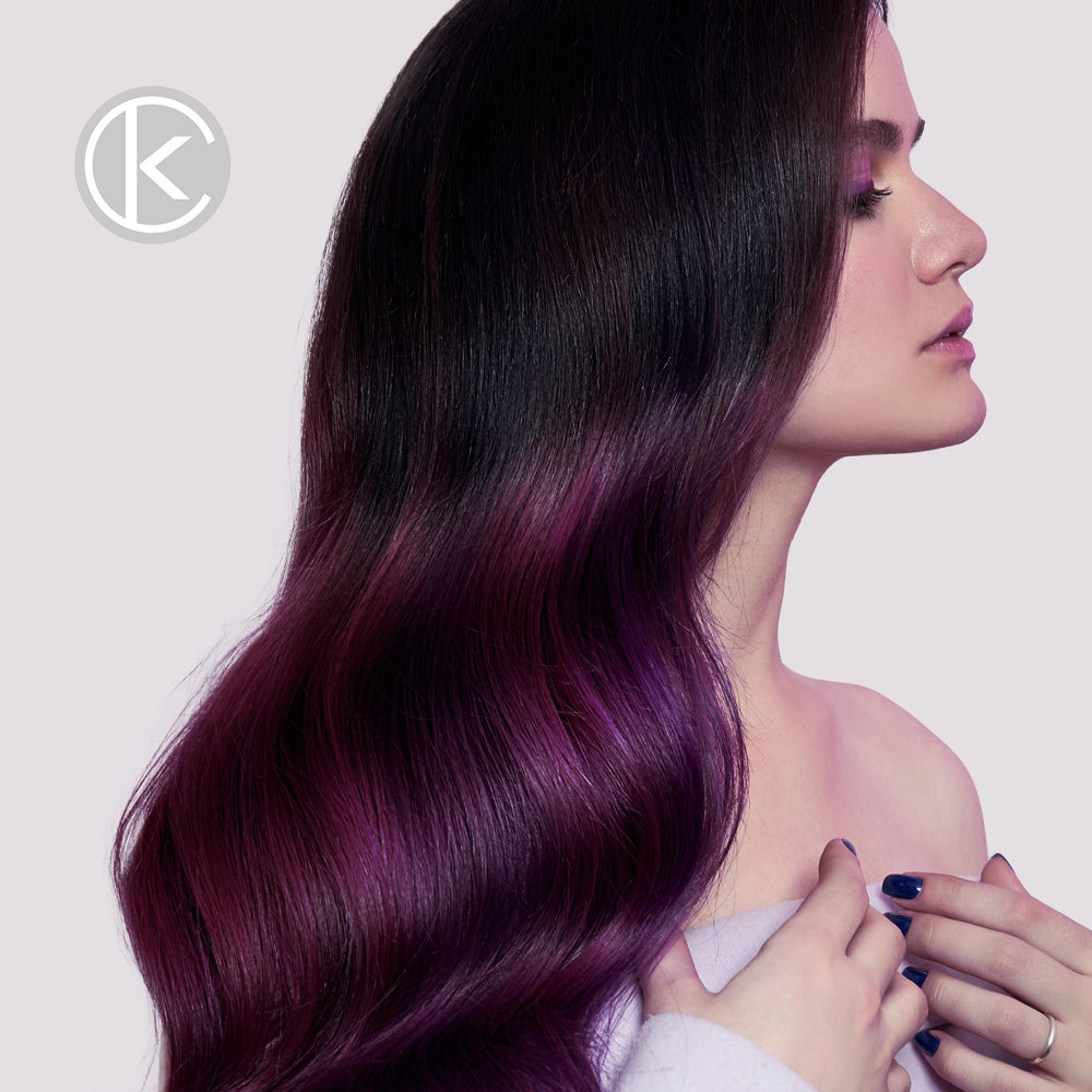 KERACOLOR before and after on a brunette strand showing tonal improvement