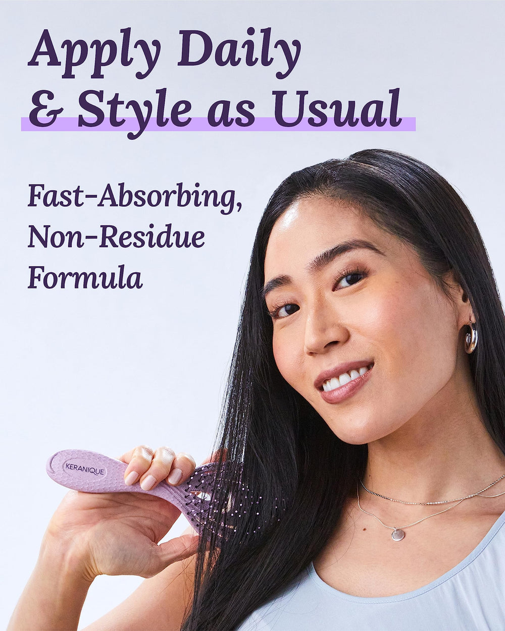 Keranique label close-up showing keratin amino complex benefits and ingredients