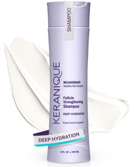 Keranique front packaging showing Deep Hydration Shampoo benefits
