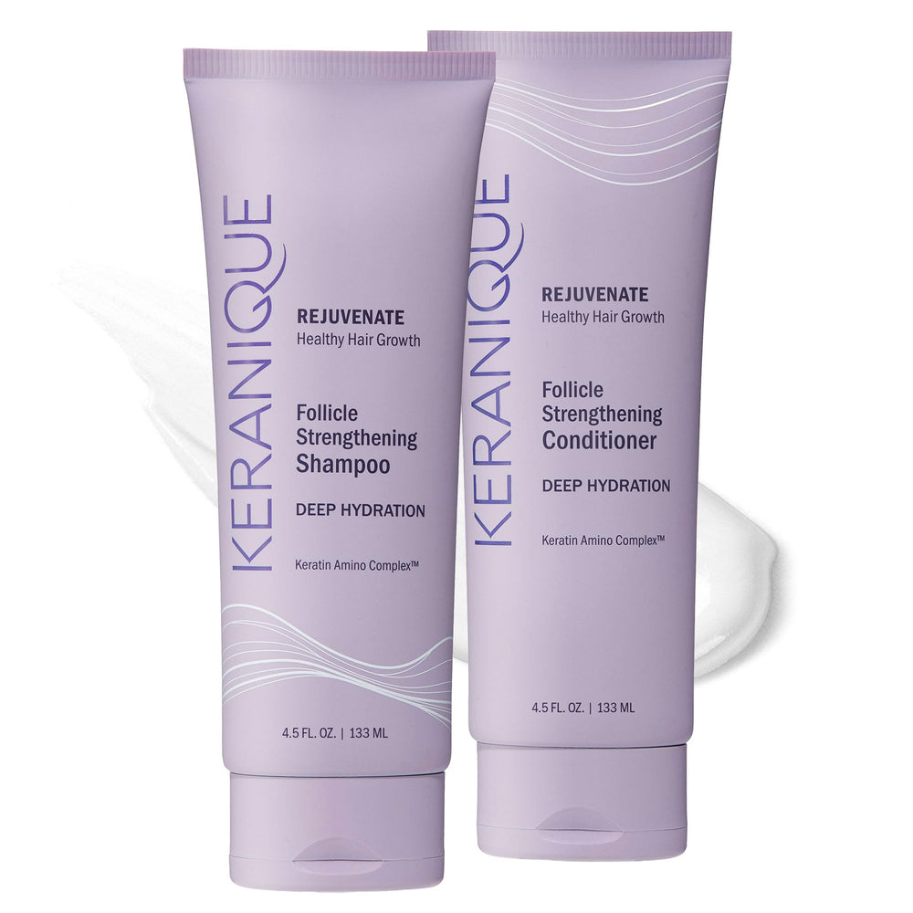 Keranique front packaging shows set and benefits for hydrated hair