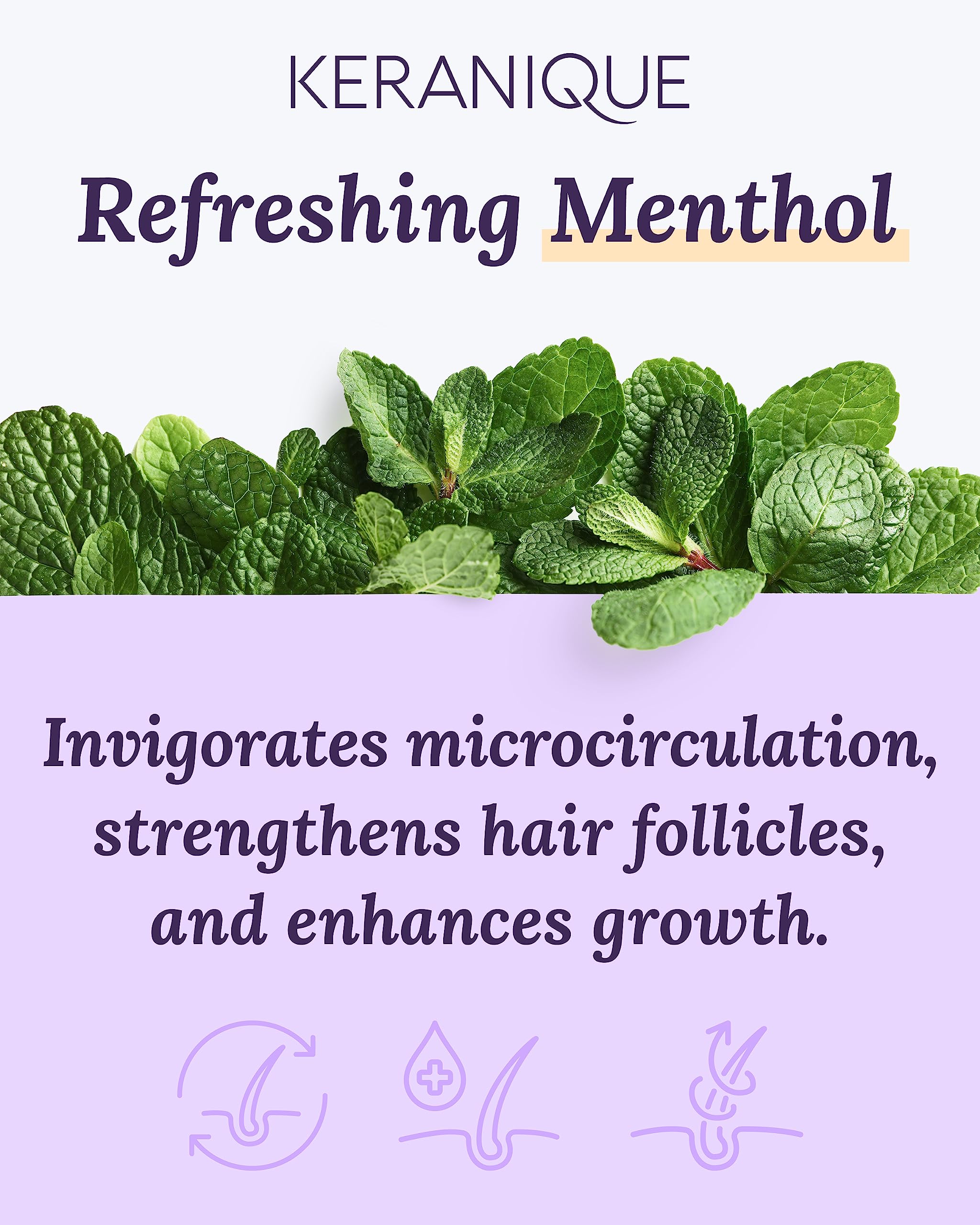 Keranique scalp massage application demonstrating deep-cleansing and refreshing menthol