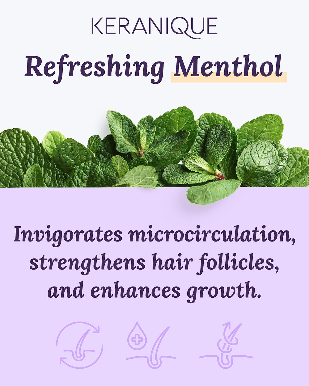 Keranique scalp massage application demonstrating deep-cleansing and refreshing menthol
