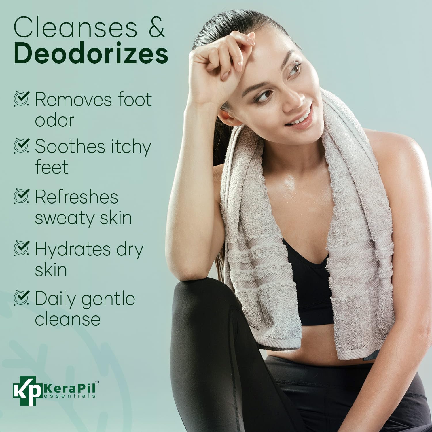 Applying KERAPIL to feet, illustrating smoothing and cleansing of rough areas benefit
