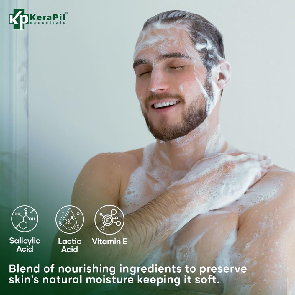 Person using KERAPIL body wash in shower, showing post-workout refreshment benefit