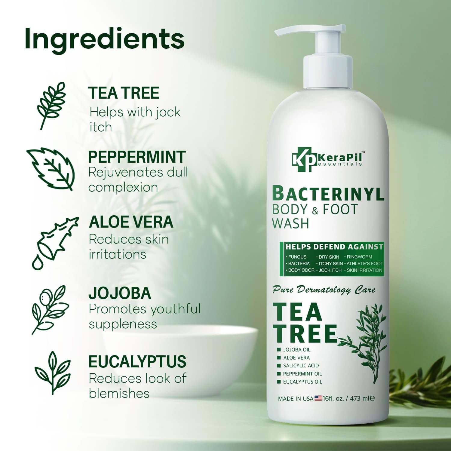 Tea tree oil and KERAPIL bottle together, emphasizing botanical freshness benefit