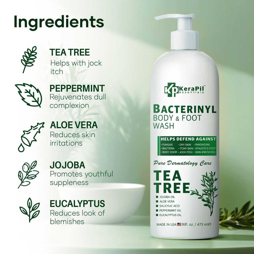 Tea tree oil and KERAPIL bottle together, emphasizing botanical freshness benefit