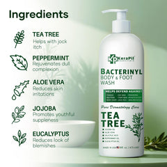 Tea tree oil and KERAPIL bottle together, emphasizing botanical freshness benefit