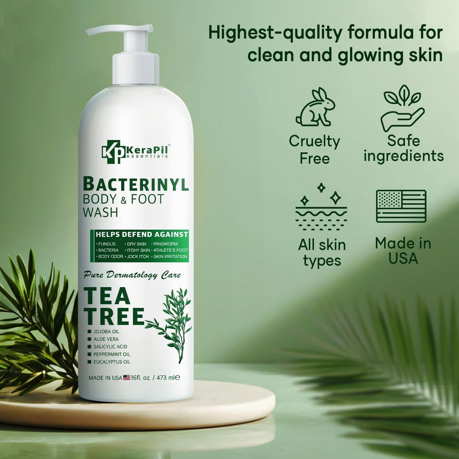 KERAPIL pouring body wash onto hand, illustrating quick lathering and refreshment