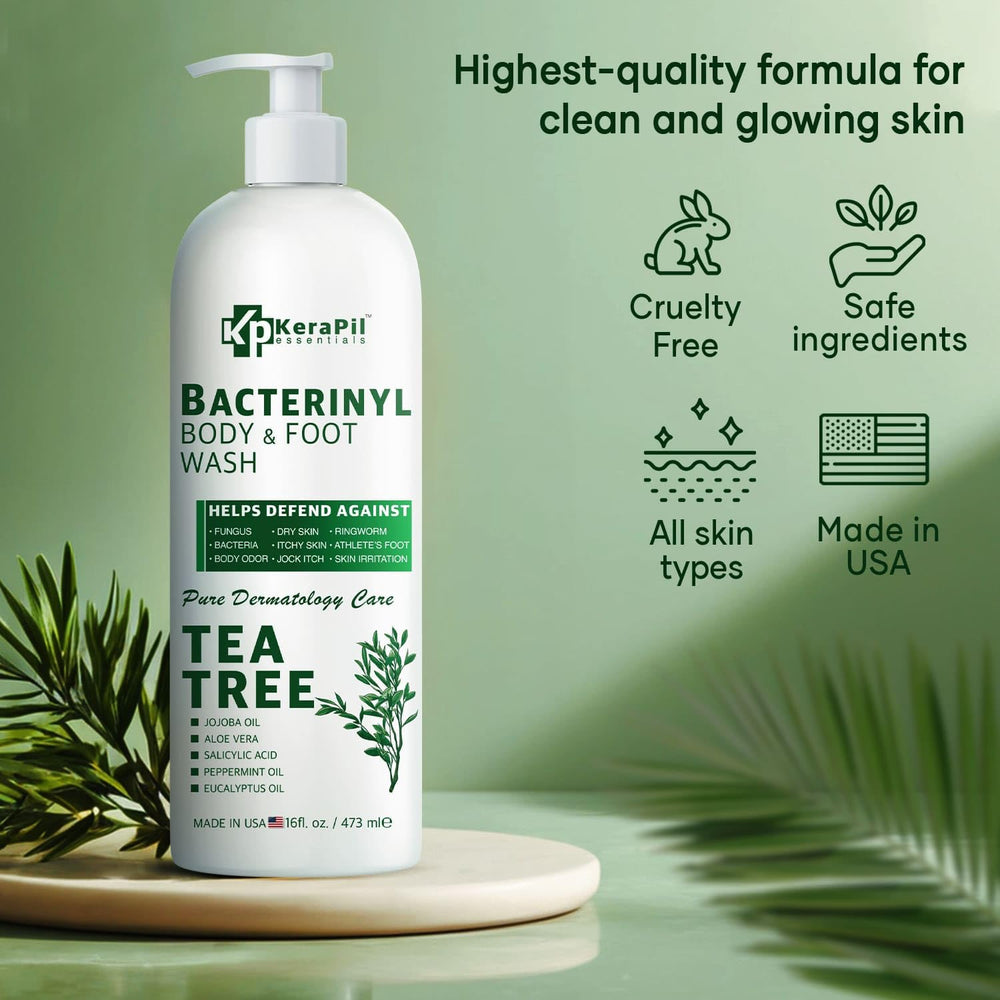 KERAPIL pouring body wash onto hand, illustrating quick lathering and refreshment