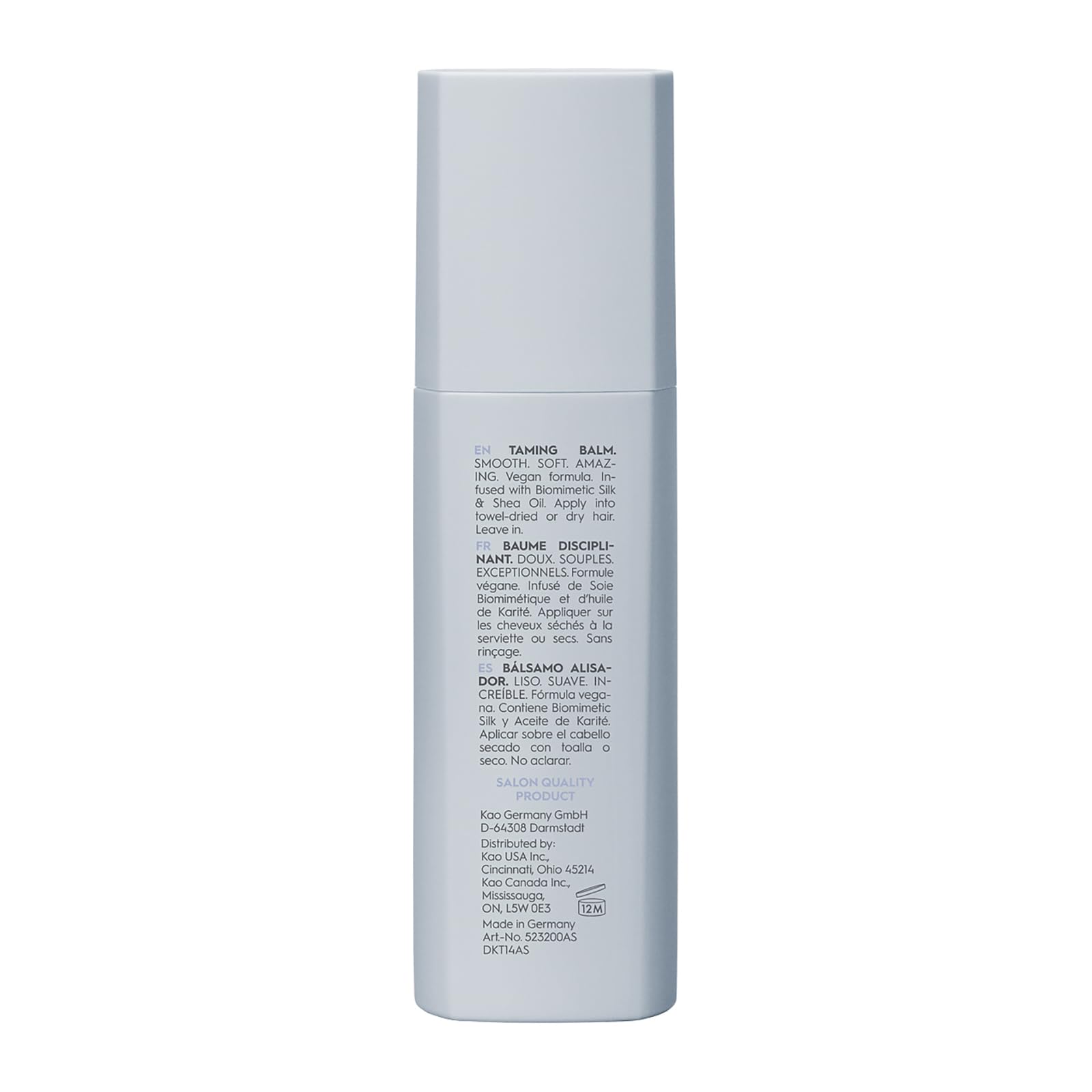 Kerasilk taming balm label close-up, showing biomimetic silk and shea oil ingredients benefit