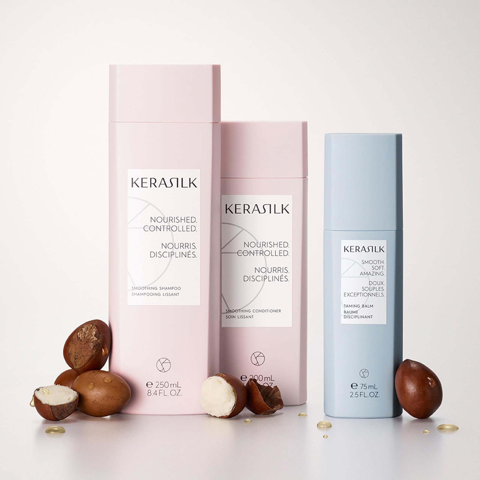 Kerasilk taming balm next to ruler, showing compact 75ml travel-friendly size benefit