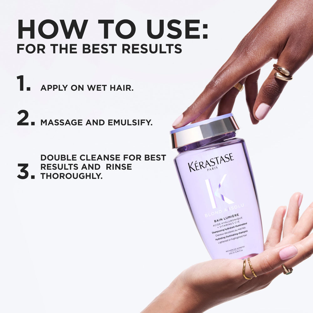 KÉRASTASE applied to highlighted hair showing restored luminosity and smoother surface