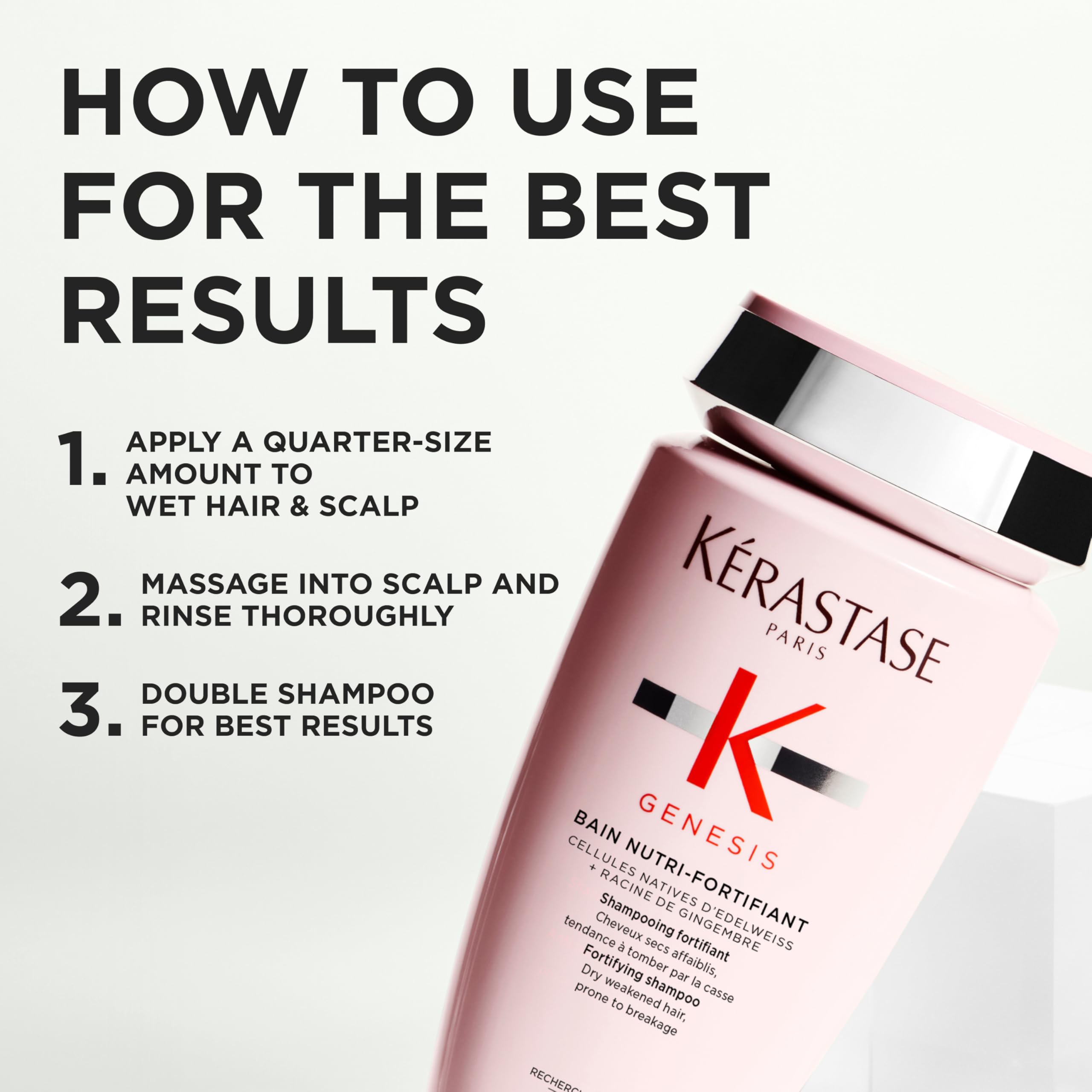 KÉRASTASE 16.9 fl oz size next to everyday object for scale benefit