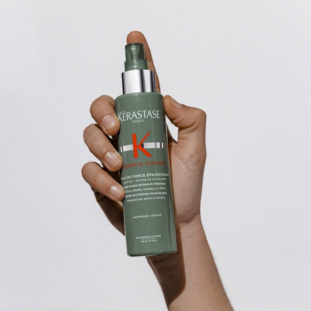 KÉRASTASE bottle on bathroom counter suggesting everyday styling routine