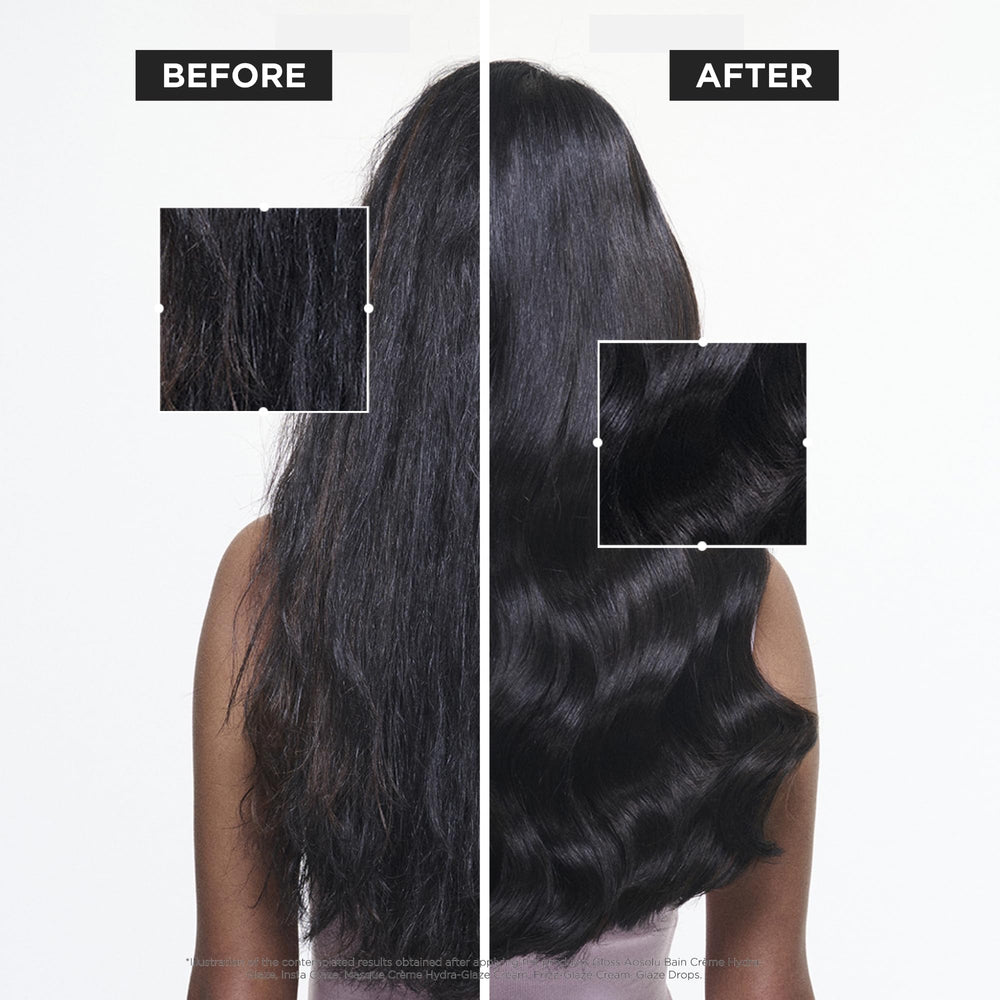 KÉRASTASE key ingredients panel showing hyaluronic and glycolic acids benefit
