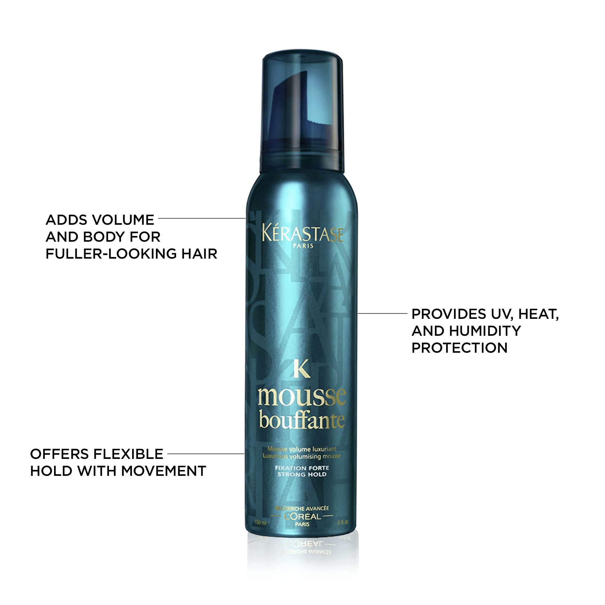 KÉRASTASE mousse in use on model showing bouncy volume and heat protection