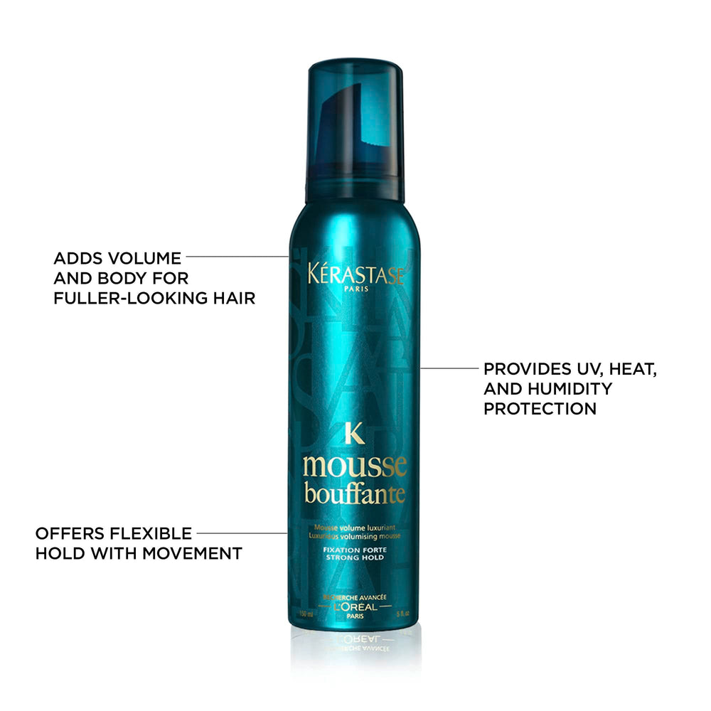 KÉRASTASE mousse in use on model showing bouncy volume and heat protection