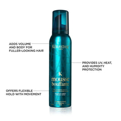 KÉRASTASE mousse in use on model showing bouncy volume and heat protection