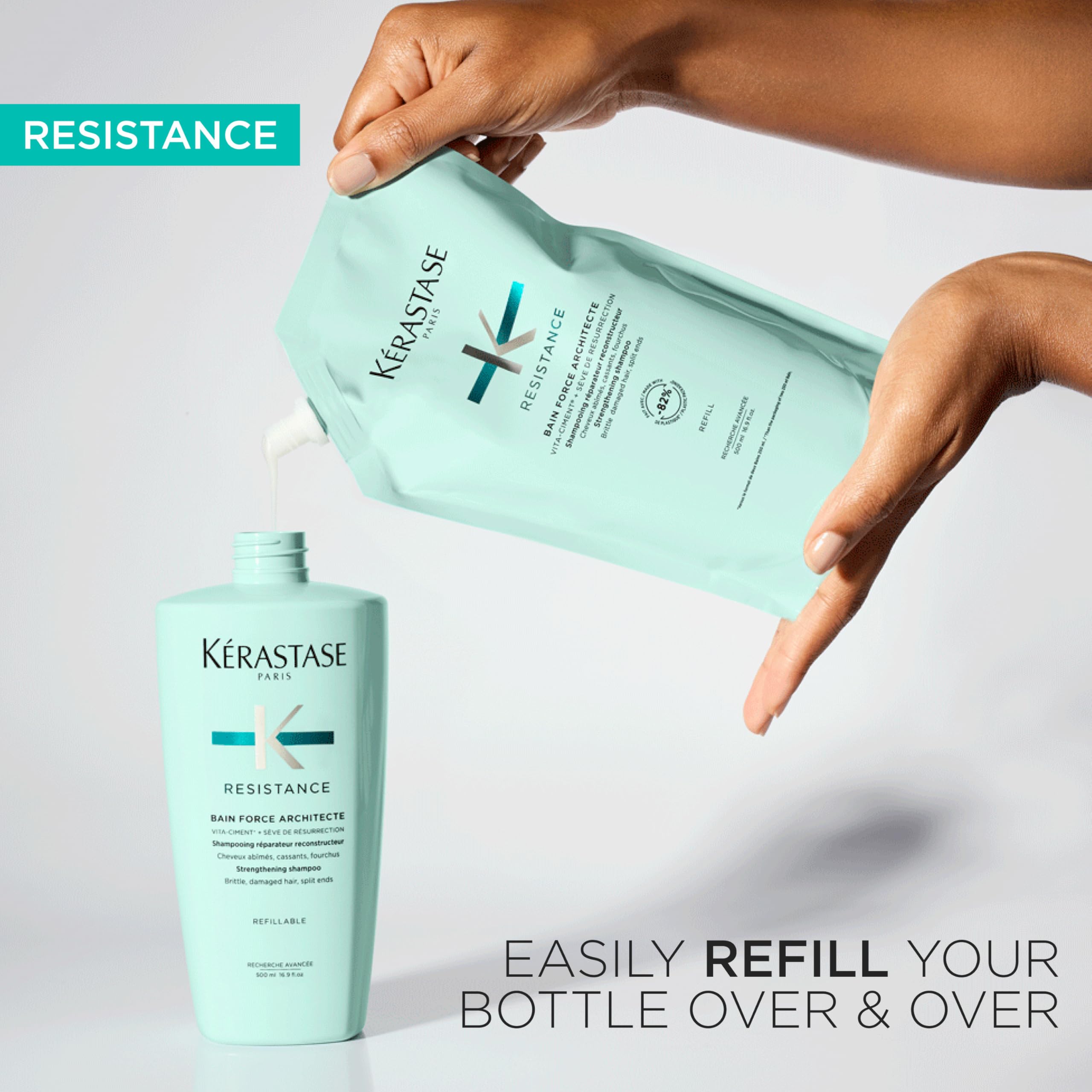 KÉRASTASE refill being poured into a bottle for easy transfer
