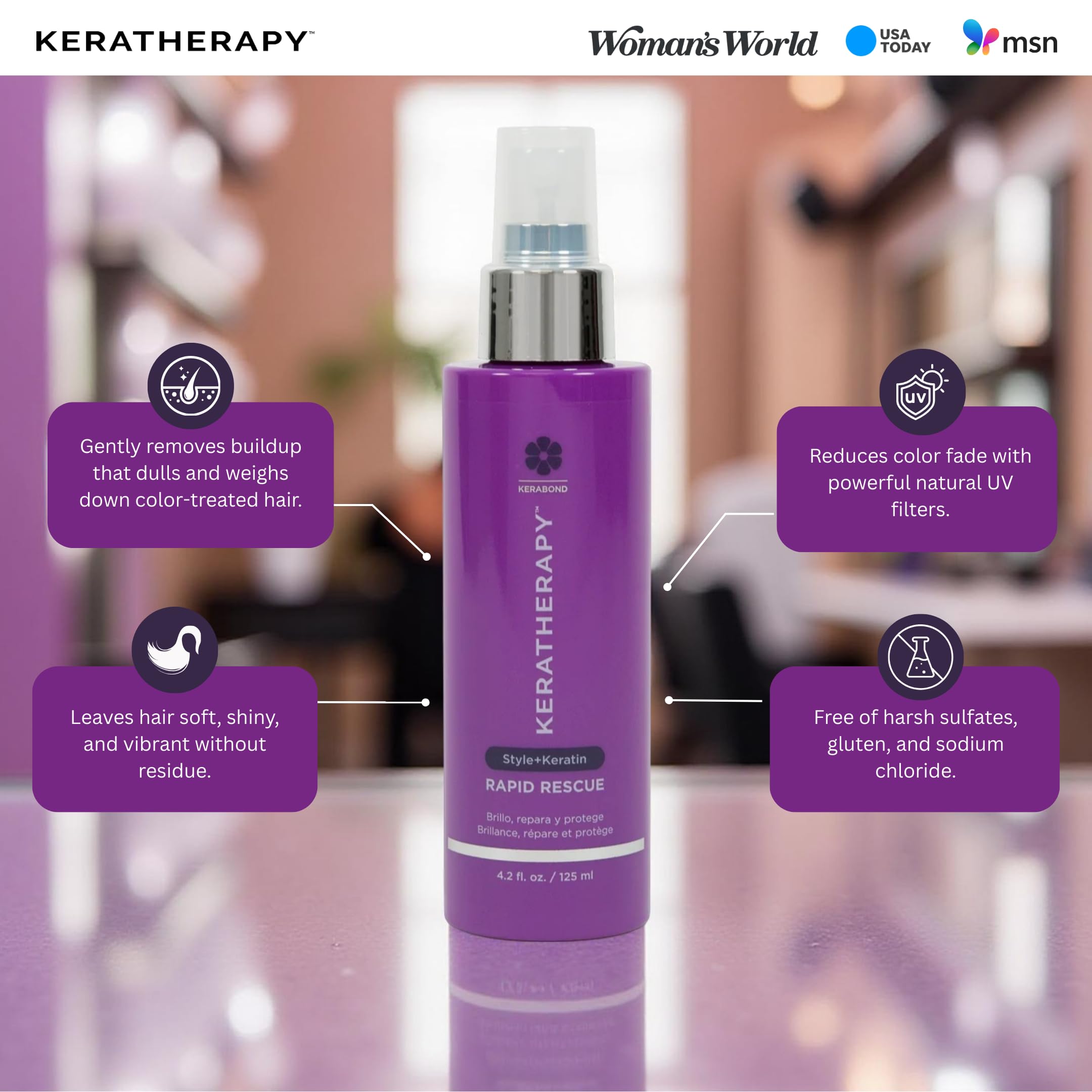 KERATHERAPY label closeup featuring Kerabond™ technology and key benefits