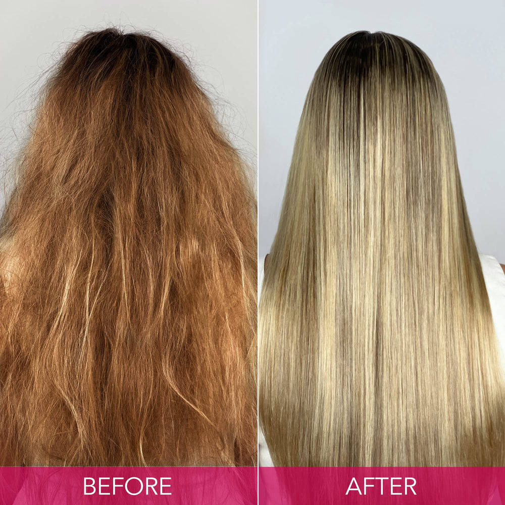 Keratin Complex bottle held in hand showing 13.5 oz scale and travel-friendly size