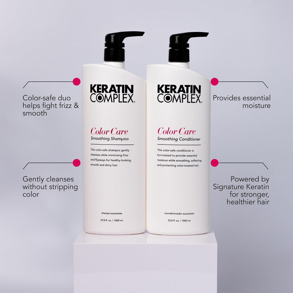 Keratin Complex bottles next to common items showing 33.8 fl oz scale